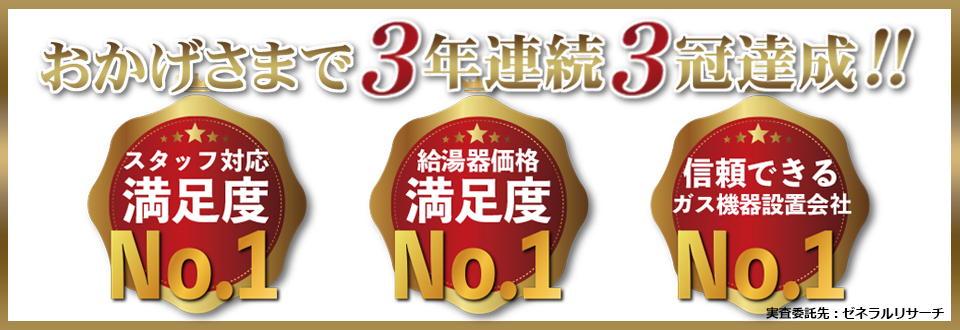 給湯器販売工事会社満足度3冠達成！[スタッフ対応満足度第1位・給湯器価格満足度第1位・信頼できるガス機器設置会社第1位]