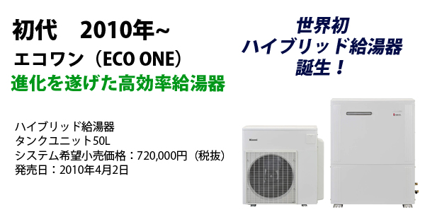 進化を遂げた高効率給湯器　世界初ハイブリッド給湯器、誕生！ ハイブリッド給湯器 タンクユニット50L システム希望小売価格：720,000円（税抜） 発売日：2010年4月2日